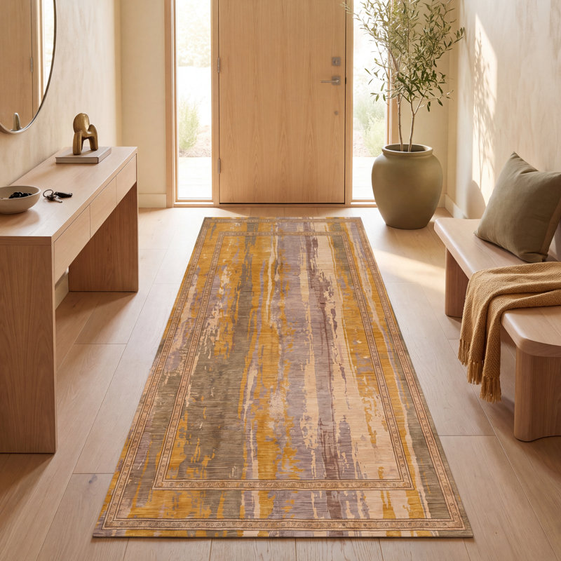 Tapis Carlisle moderne vieilli, uni doré, vert et gris, lavable à la machine, antidérapant, à poils courts, pour intérieur et extérieur, adapté aux animaux domestiques, idéal pour le salon, la chambre, la salle à manger, l'entrée, le corridor ou le bureau.