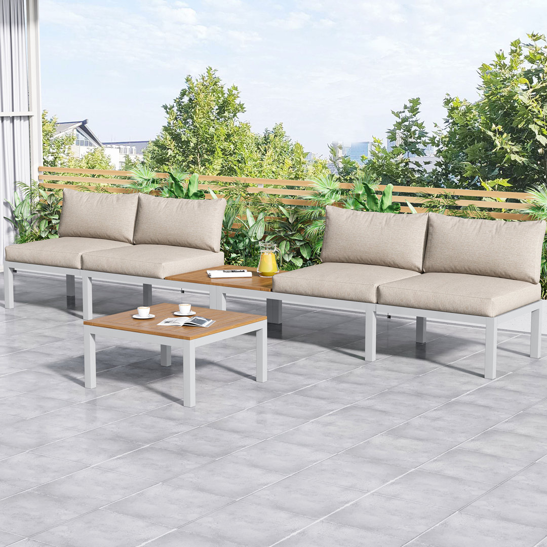 Outdoor Patio Furniture Set With 2 Loveseats, Side Tables & Acacia Wood Tabletop