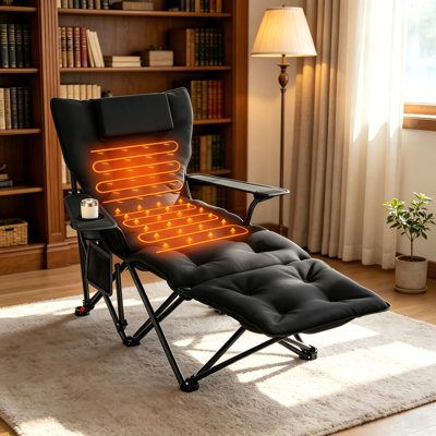 Fauteuil de camping chauffant avec repose-pieds, fauteuil de jardin inclinable avec chauffage bizone, 3 niveaux de chaleur, capacité de 227 kg, dossier réglable et sac de transport inclus.