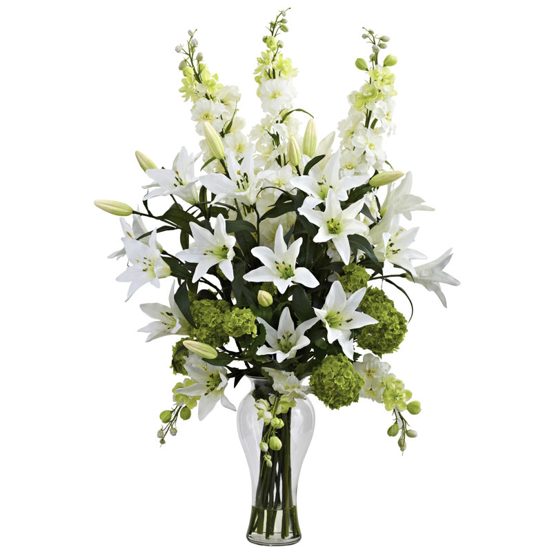 White Silk Lily and Hydrangea Flower Arrangement in Decorative Vase