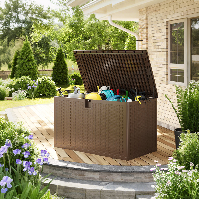 120 Gallon Waterproof Outdoor Storage Box, Lockable Plastic Deck Box for Pool & Garden Tools, Brown