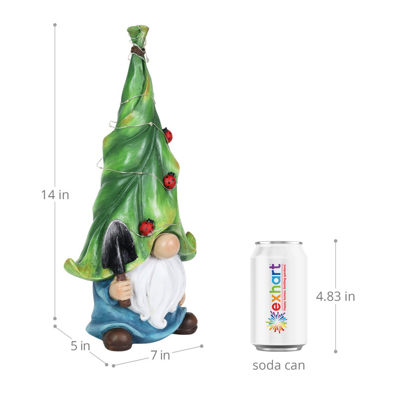 Exhart Gnome with Solar String Hat with Ladybugs and Trowel Garden Statuary, 7 by 14 Inches