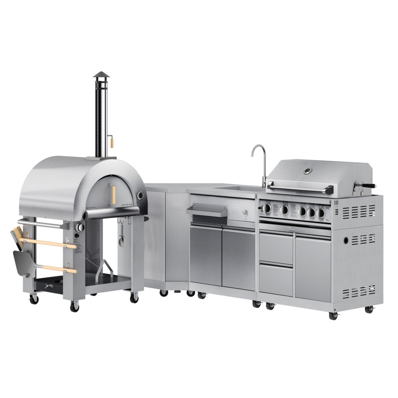Cuisine modulaire KoolMore Outdoor Kitchen Series avec four à pizza double combustible, armoire d'angle, évier, barbecue 30 po et armoire en acier inoxydable (km-OKSKIT-CONFIG105)