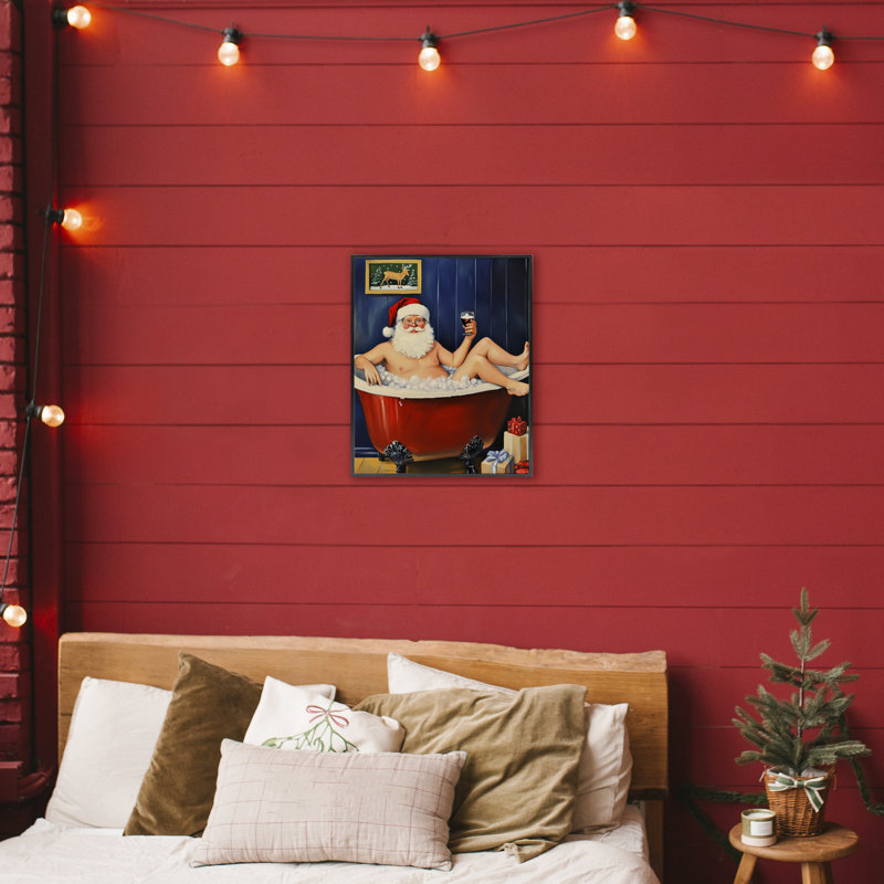 «Joyful Bathaign Santa», estampe numérique, design par Arlington Prints, H 20 po x l 16 po, Giclée encadrée noir minuit