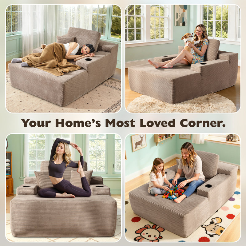 Boneless No Assembly Required Compression Packed 1-piece Cloud Modular Upholstered Sectional Sofa, Beige Polyester