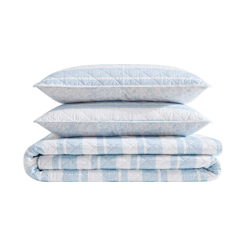 Nautica Seafront Stripe Cotton Reversible Blue Quilt Set, Queen Quilt + 2 Standard Shams