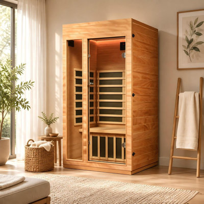 1-2 Person 75‘ H Indoor Infrared Sauna for Relaxation, Recovery & Better Well-Being, Hemlock & Okoume Wood Sauna, Tempered Glass
