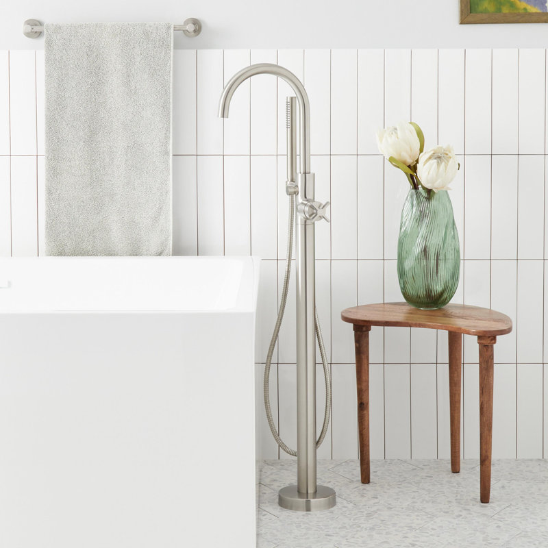 Vassor Floor Mounted Tub Filler Faucet with Hand Shower, Brushed Nickel