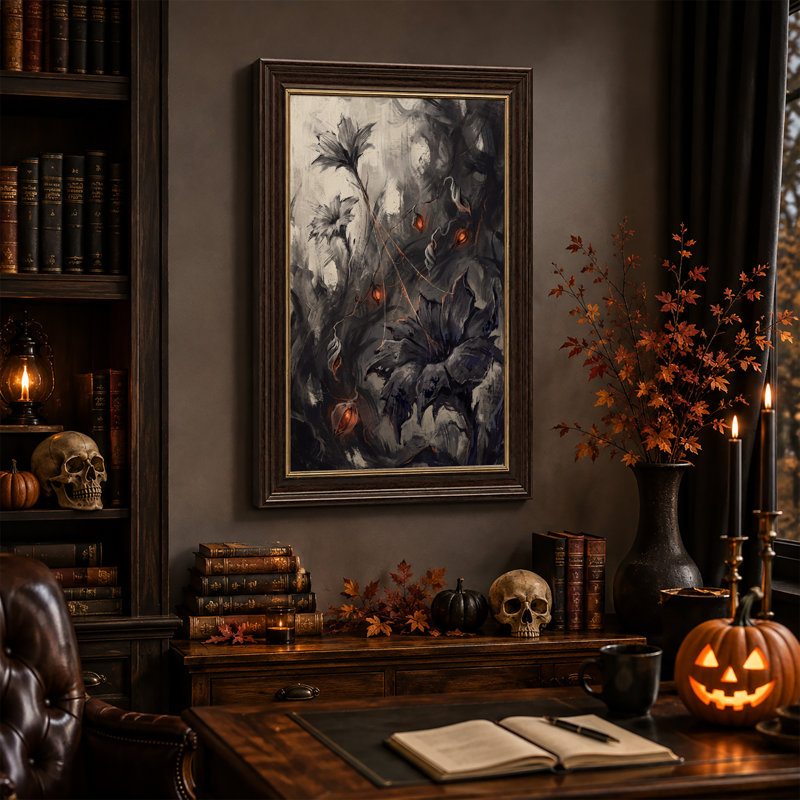 Toile murale d'Halloween avec des fleurs abstraites gris foncé et des reflets orange., H 18 po x l 12 po