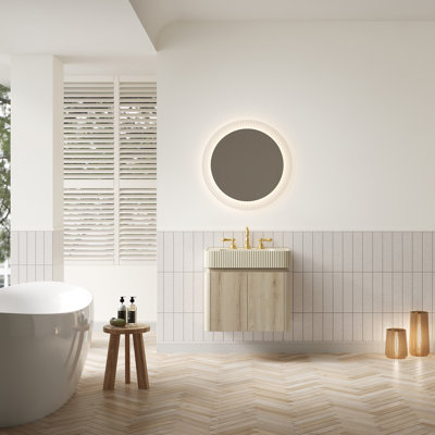 Meuble-lavabo de salle de bain GECO 24, armoire de rangement flottante, lavabo intégré à surface solide beige crème avec 3 trous de robinet pré-percés, démonté, robinet et drain exclus, couleur grain de bois de chêne blanc