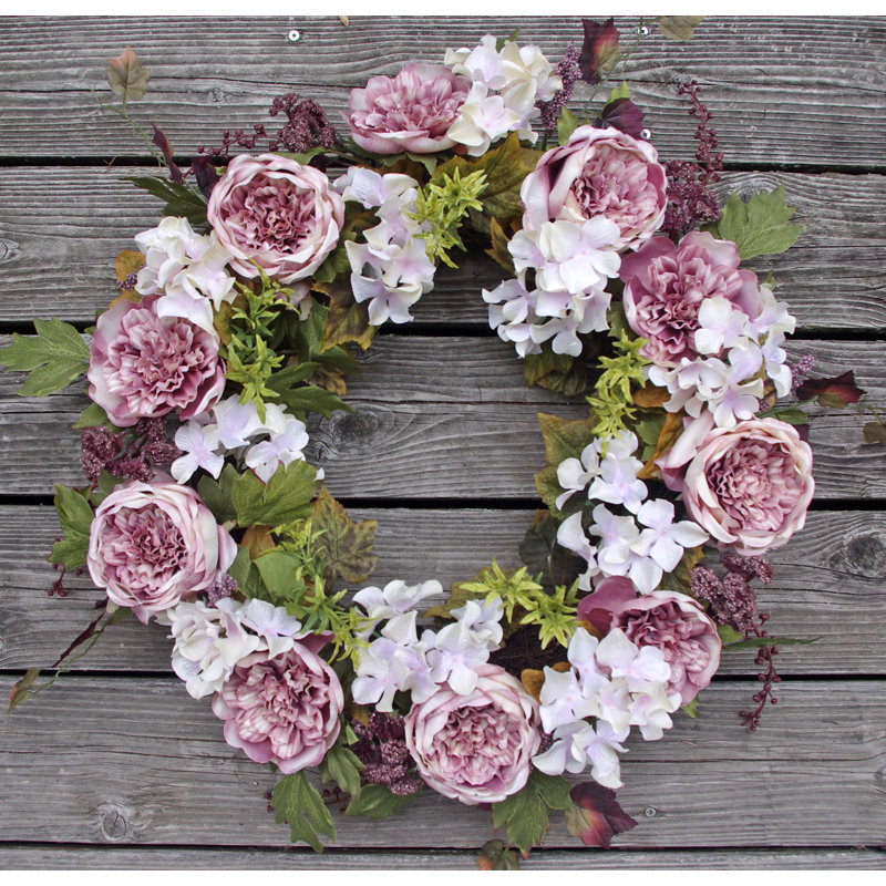 Couronne en hortensia et chou rose dahlia en polyester 22 po, Mauve