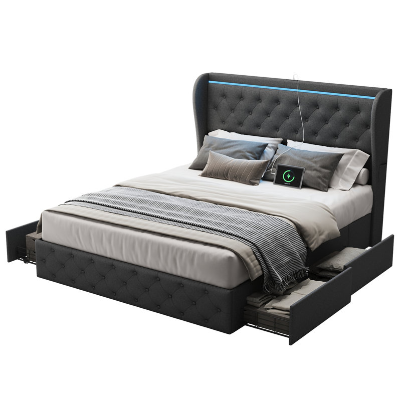 Komor Upholstered Storage Bed with Charging Station and LED Lights, Queen, Gray
