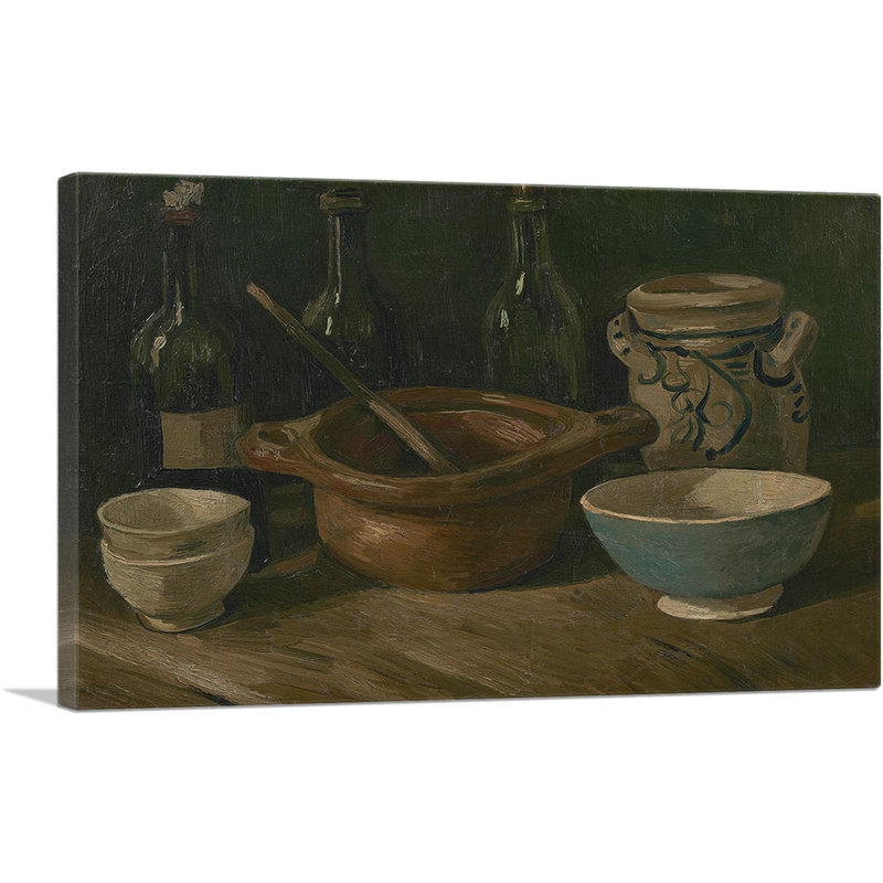 Nature morte avec faïence et bouteilles - 1885, H 26 po x l 40 po x 1,5 po