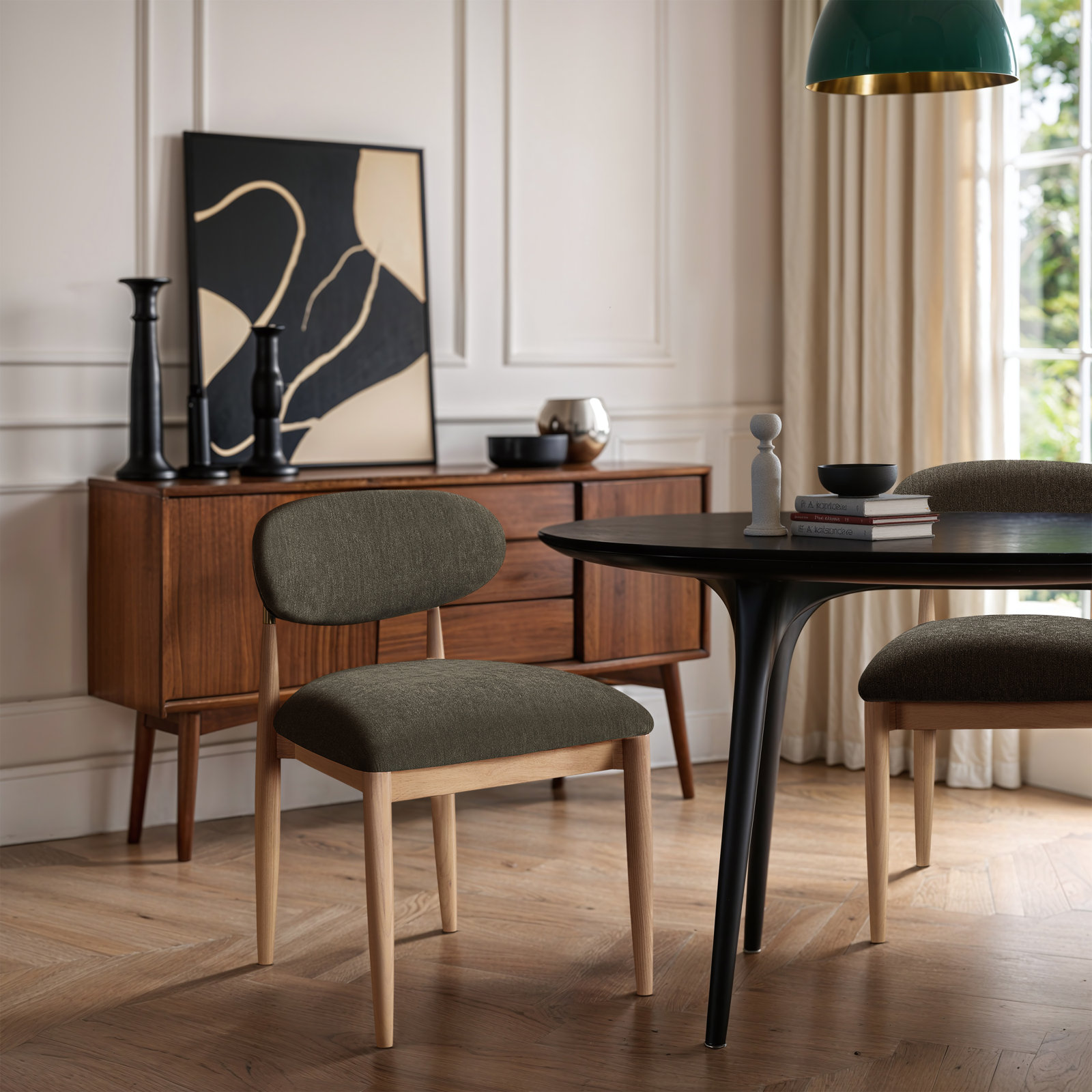 Eligah Performance Upholstered Dining Side Chair, Brown, Stained Natural / Brushed Brass