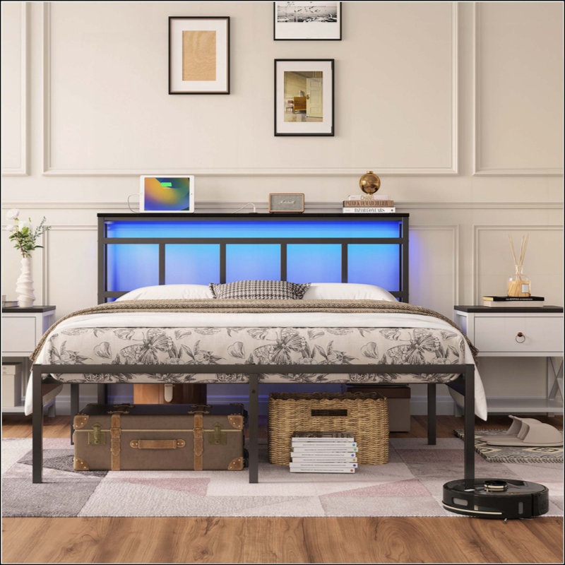 Structure de lit avec tête de lit, structure de lit plateforme en métal avec USB-C, type C et lumière DEL, Lit double