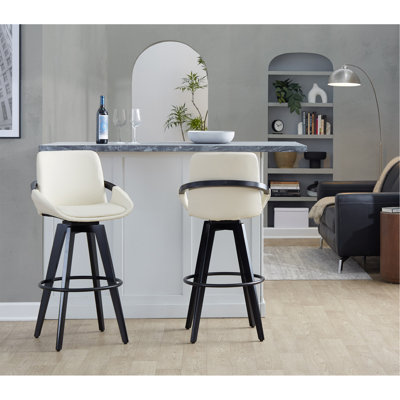 Fixed-Height Barstool With Swivel In Black Wood And  Faux Leather With Round Black Metal Footrest - Set Of 2