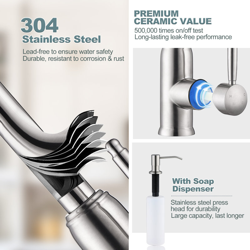 Brushed Nickel Stainless Steel Pull-Down Kitchen Faucet with Soap Dispenser