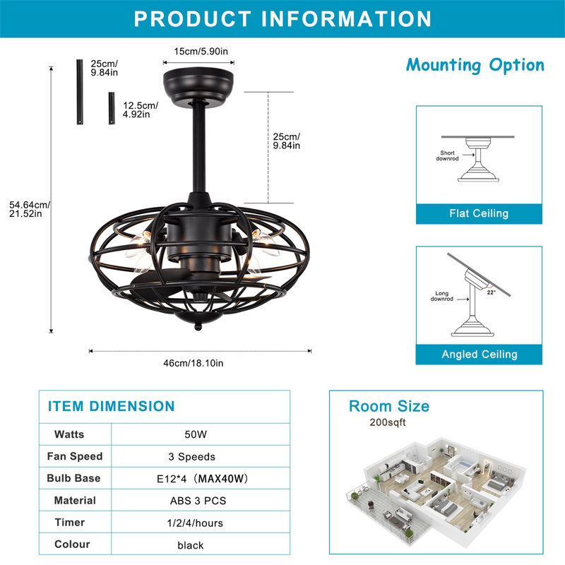 Ventilateur de plafond à 3 pales de 18 po avec télécommande et ensemble d'éclairage inclus Fortine