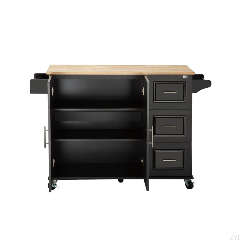 Kitchen Island & Kitchen Cart, Mobile Kitehcn Island With Extensible Rubber Wood Table Top,Adjustable Shelf Inside Cabinet For Different Utensils, 3 Big Drawers, With Spice Rack, Towel Rack, Black-Bee