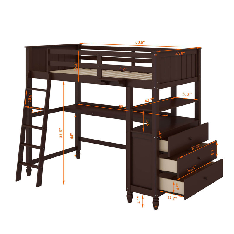 Lit mezzanine avec tiroirs, bureau et tablettes, Simple, Espresso