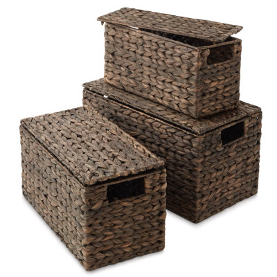 Casafield Water Hyacinth Storage Baskets with Lids, Set of 3 Woven Nesting Bins