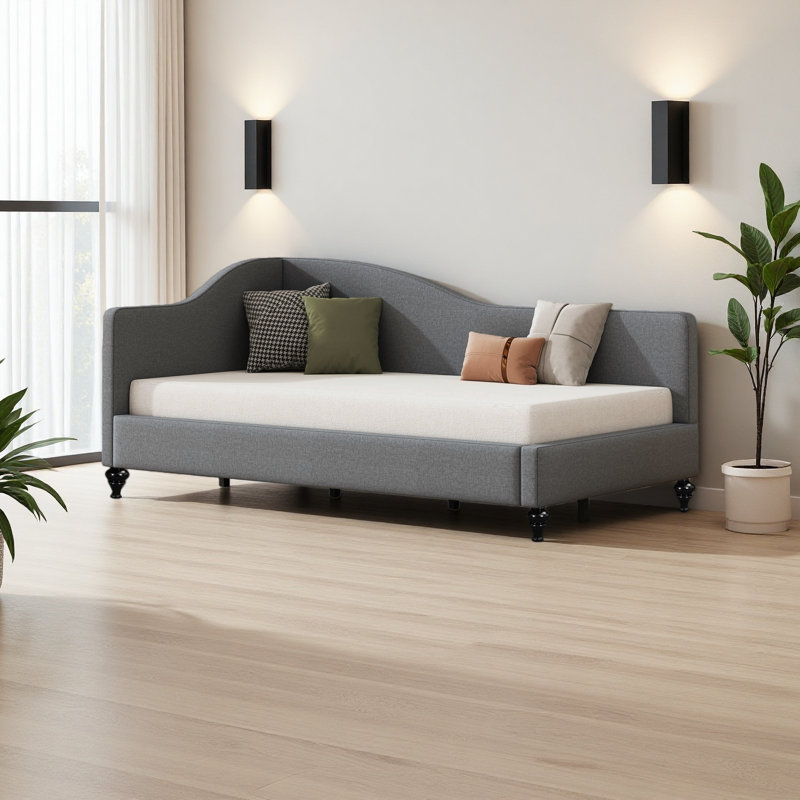Lit de jour en L en forme de L, avec pieds en bois massif, Lit simple, Gris
