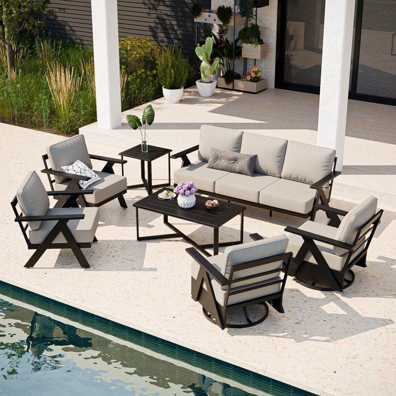 Ensemble de conversation d'extérieur en métal 7 pièces, chaises de patio et canapé avec tables, Beige