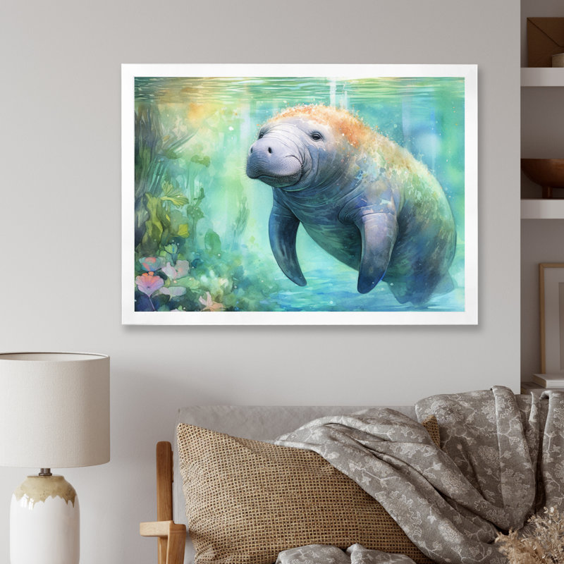 Gentle Manatee II - Art mural de lamantin pour le salon, Cadre simple blanc, H 34 po x l 44 po x P 1,5 po