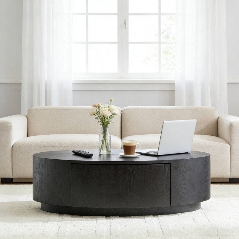 Table basse ovale noire matte, panneau central en MDF de 47,24 po avec tiroir pour salon, Noir