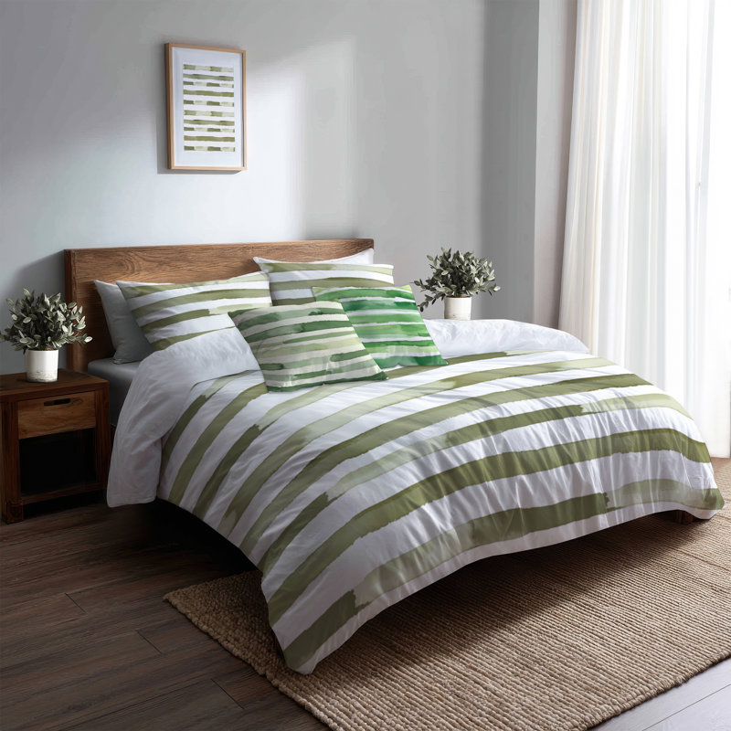 Ensemble de literie à rayures 5 pièces - Ensemble de housse de couette et coussin décoratif vert et blanc
