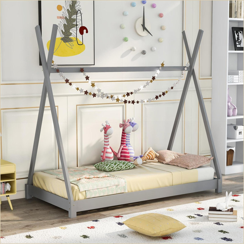 Twin Size Pine Wood &amp; MDF Gray Platform Bed with Stable Triangle Structure, Gray, Twin