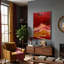 Abstrait art mural sur toile rouge montagne, rouge cramoisi rouge doré jaune, peinture de paysage texturé pour la maison de luxe industrielle Wabi-Sabi-456672259