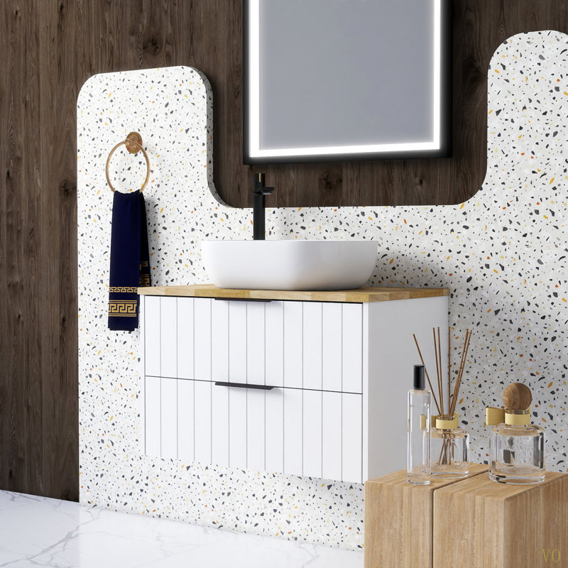 Meuble-lavabo mural à double tiroir 32 pouces, plateau en bois massif Cabine, lavabo carré en céramique, design minimaliste moderne, alliant fonctionnalité et style