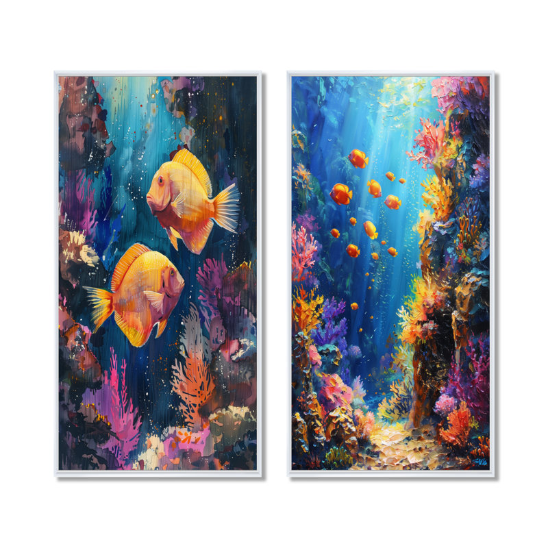 Bleu, orange, corail, vie marine I - ensemble d'art mural 2 pièces corail, H 40 po x l 40 po, Impression encadrée, Blanc