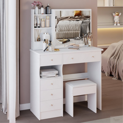 Meuble-lavabo de bureau de 37 po avec tabouret de maquillage à gauche et tabouret rembourré, très grand miroir coulissant à droite, rangement multicouche à grande capacité, ensemble de maquillage pratique à la mode, certificat EPA, GCC, UL