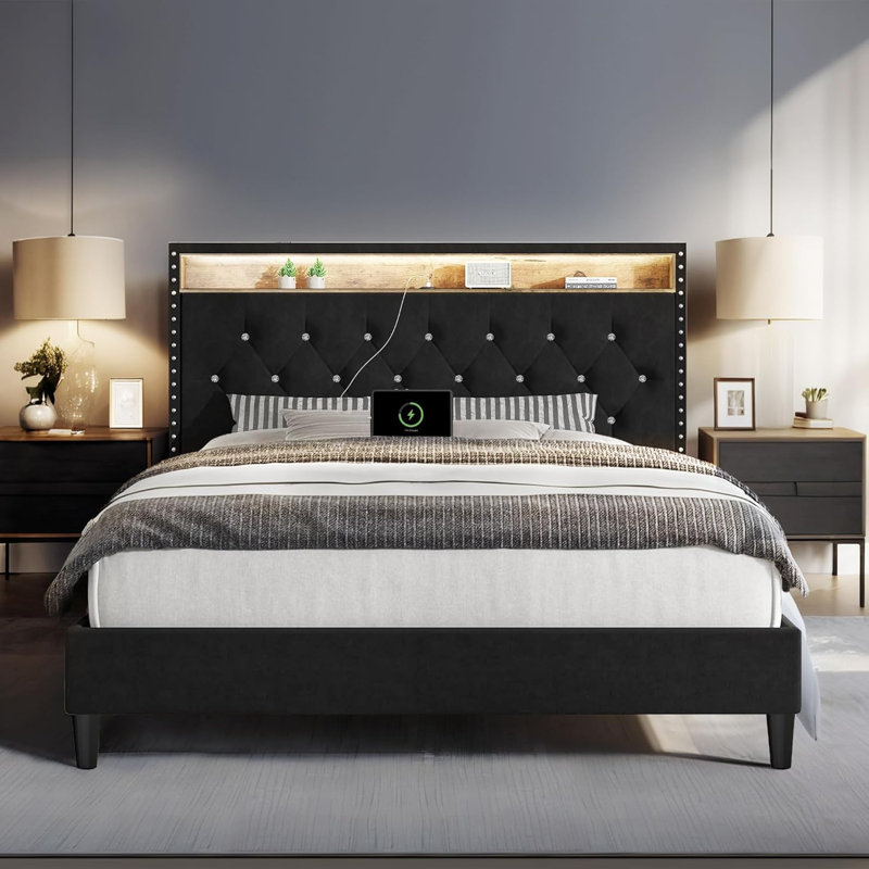 Alber Velvet Upholstered Platform Bed with Storage Headboard and Charging Station,Bed Frame with Diamond Design and LED Lights