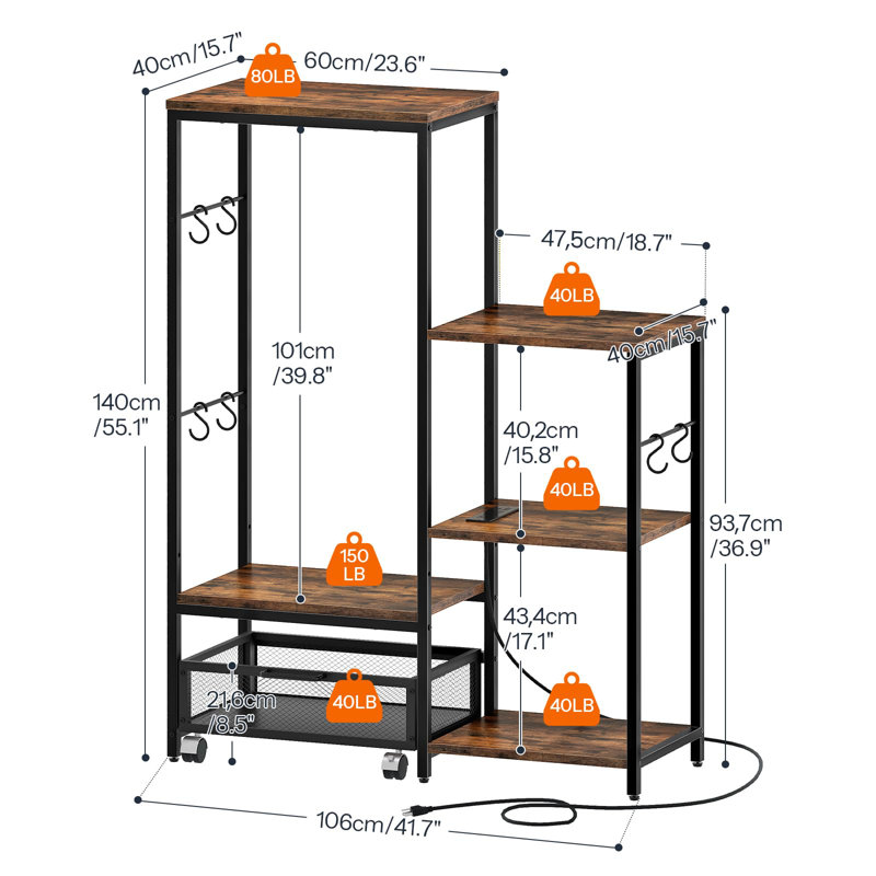 Mini Fridge Stand With Movable Basket, Kitchen Bakers Rack & Power Outlet, Microwave Oven Stand, Coffee Bar, 3-Tiers Coffee Stand Station, For Kitchen, Office, Rustic Brown And Black