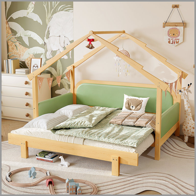 Lit simple en bois dans une cabane dans un arbre avec rails à coussin souple, pour enfants, adolescents, filles, garçons