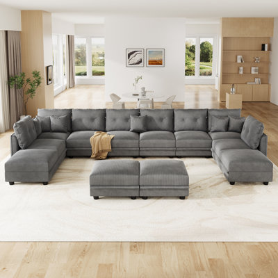 12 Seat Corduroy Convertible Modular Sectional Sofa With Storage, 8 Back Cushion 8 Throw Pillow