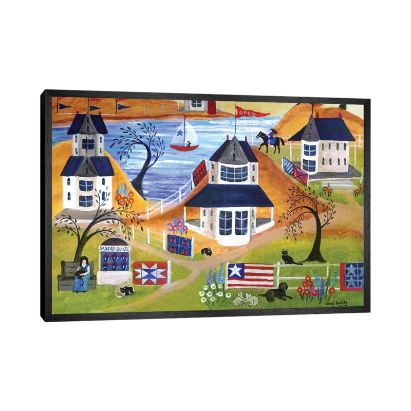 Americana Seaside Quilts Under Willow Trees by Cheryl Bartley - Painting on Canvas, Black Framed