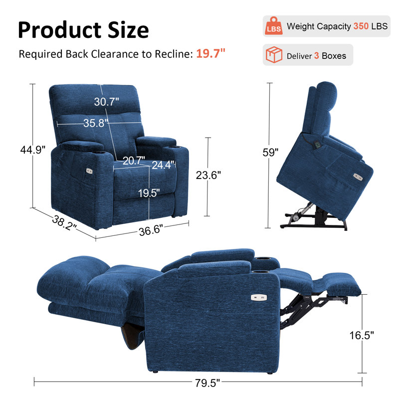 Dual Motor Power Recliner Lift Chair with Arm Storage, Vibration Massage & Dual Heating, Infinite Position, Navy Blue