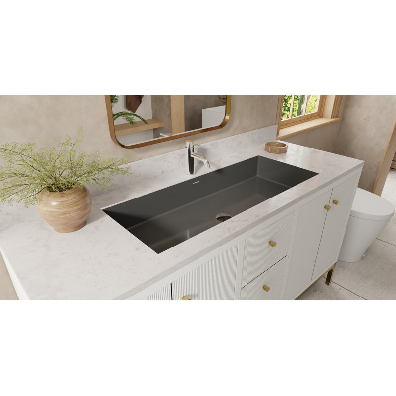 Badeloft 39.4" x 16.7" Stone Resin Undermount Bathroom Sink UB-05-XL-GBLK in Glossy Black, Glossy Black