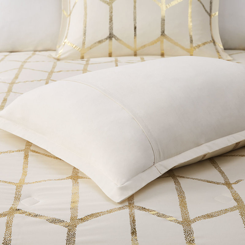 Édredon pour lit simple / simple TG avec magnifique imprimé doré métallique doux et brillant, Ivoire + or