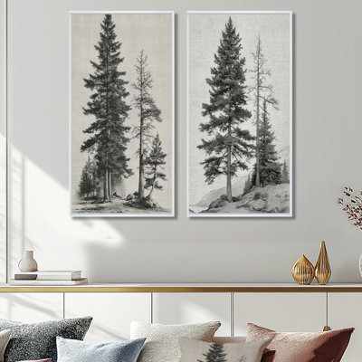 «Vintage Pine Trees On Mountain - Pine Wall Decor, Black Nature», art mural encadré 2 pièces