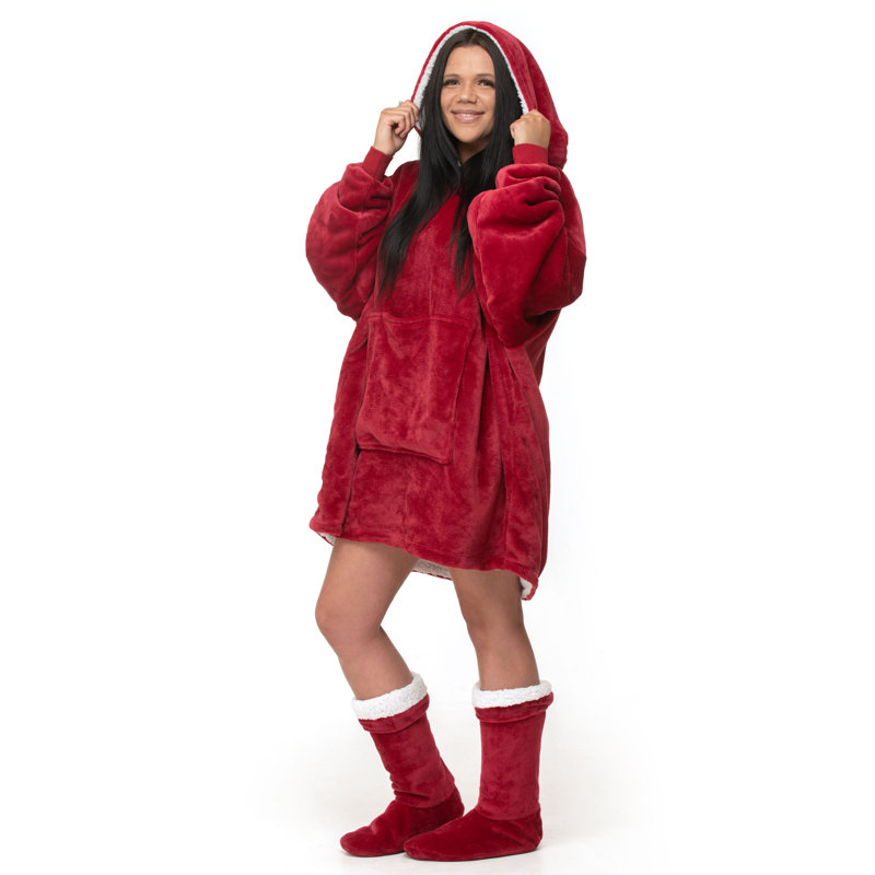 Mikayleigh Snug Oversize Hoodie Blanket Thermal Cozy with Pocket, Red
