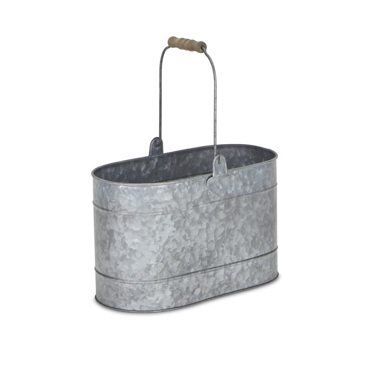 Oval Silver Galvanized Metal Bucket with Wood Handle Grip