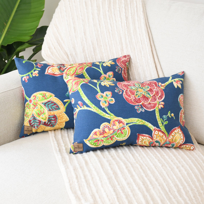 Floral extérieur bleu marine, Rectangle H 12 po x l 18 po, Housse de coussin avec insert