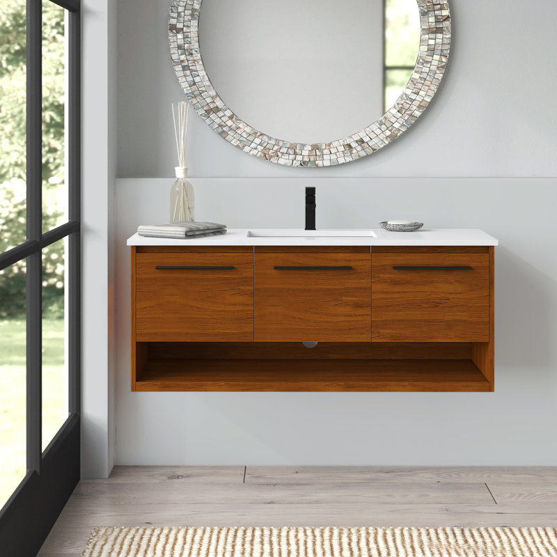 Roman 48'' Single Bathroom Vanity with Engineered Marble Top, Teak