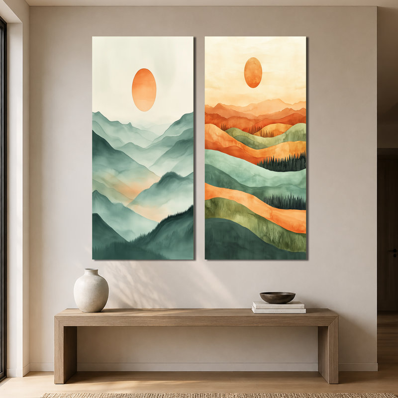 Coucher de soleil sur les collines ondulantes I - Ensemble de 2 tableaux muraux « Coucher de soleil », 60" H x 56" W