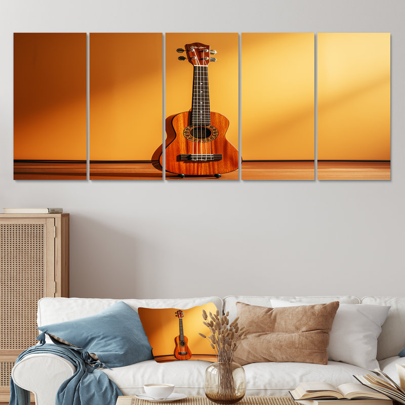Minimalisme jaune Guitard Music Melody - Music, art mural 5 pièces, H 28 po x l 60 po
